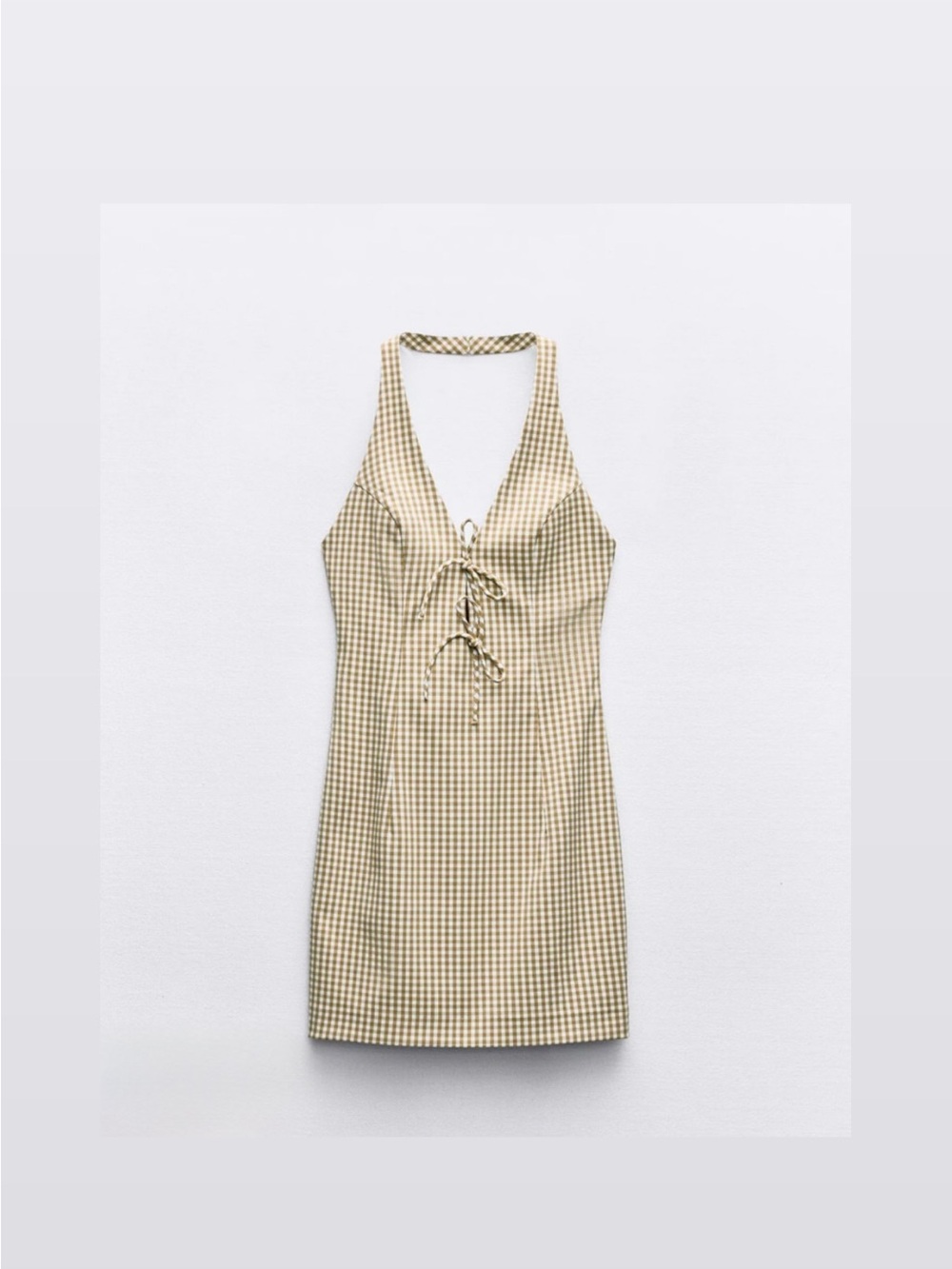 Zara Beige Gingham Halter Lace-Up Mini Dress